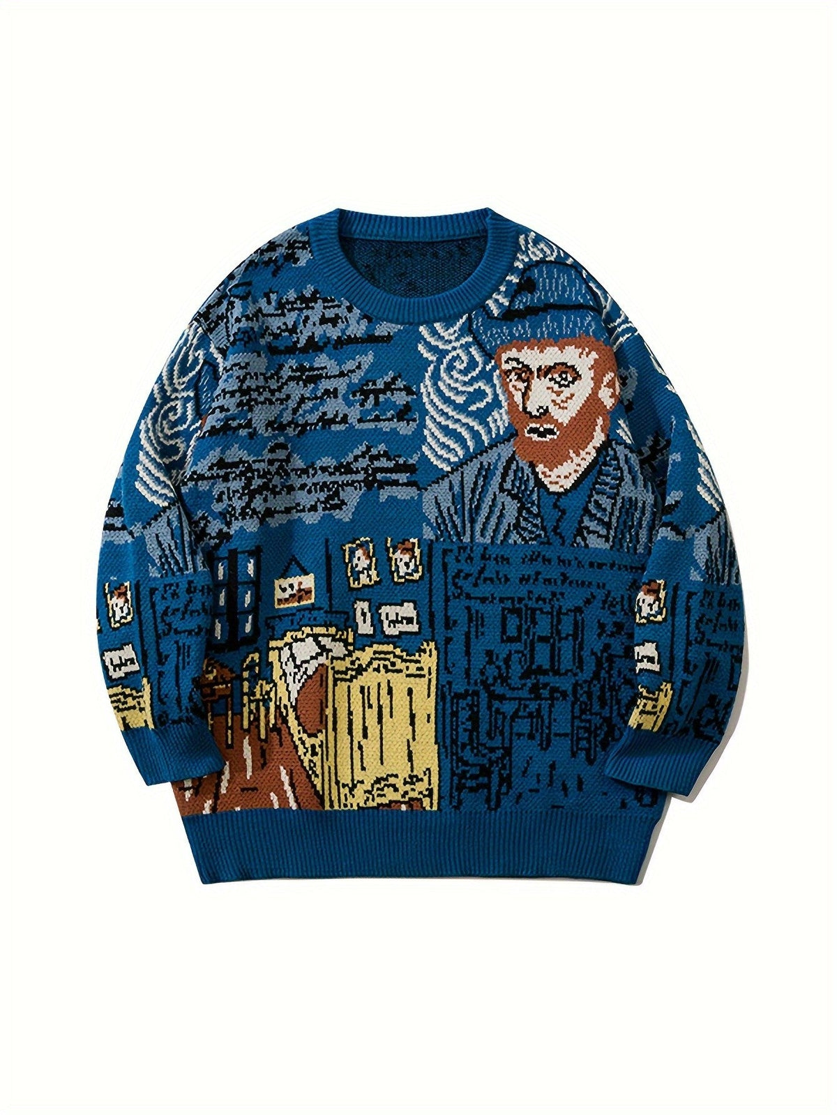 Jacquard Portrait Motif Crewneck Pullover