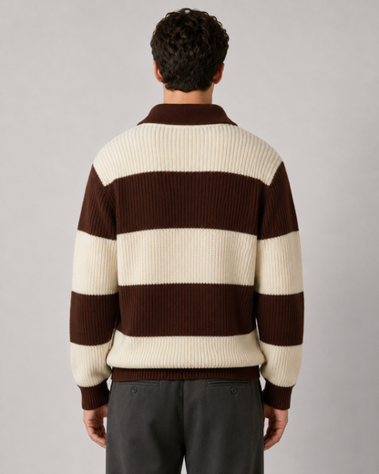 Camisola de malha canelada às riscas com gola polo para homem - castanho chocolate
