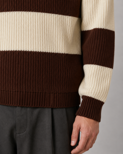 Camisola de malha canelada às riscas com gola polo para homem - castanho chocolate
