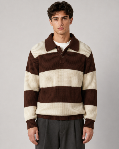 Camisola de malha canelada às riscas com gola polo para homem - castanho chocolate