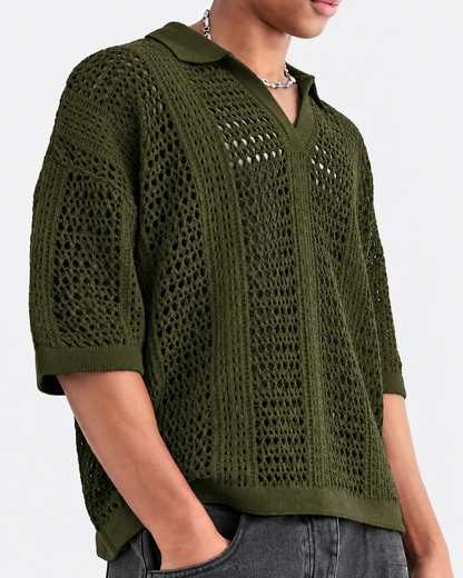 Open-Knit Lattice Polo Shirt
