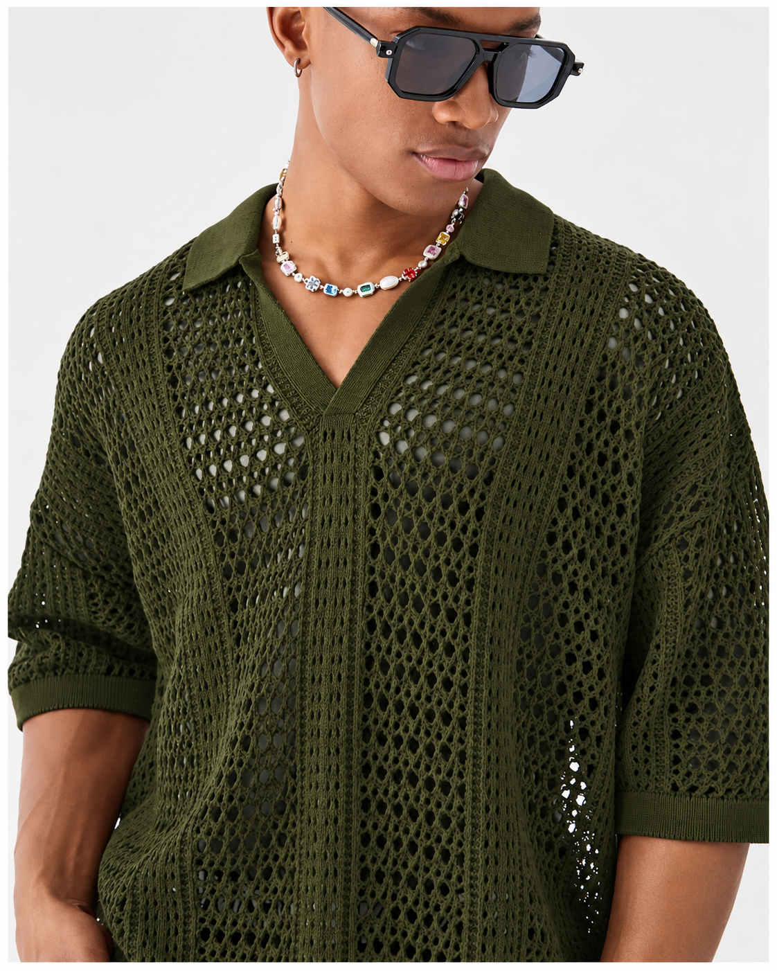 Open-Knit Lattice Polo Shirt