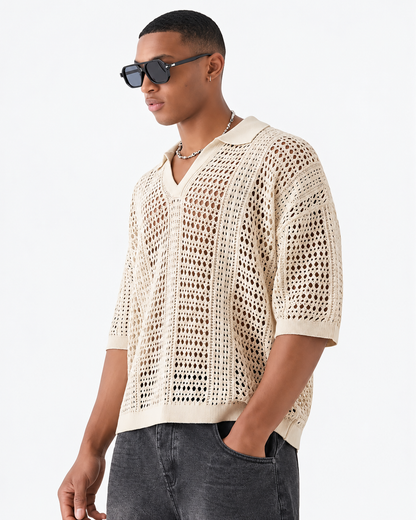 Open-Knit Lattice Polo Shirt