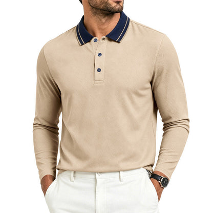 Polo homme à manches longues en piqué, avec col contrastant