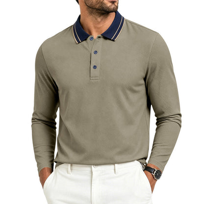 Polo homme à manches longues en piqué, avec col contrastant