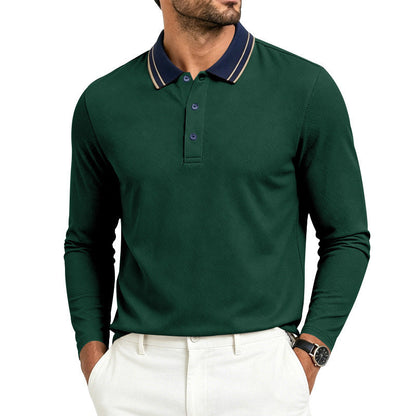 Polo homme à manches longues en piqué, avec col contrastant