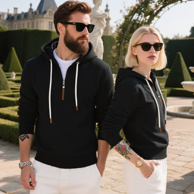 Men's Soft Fleece Half Zip Hoodie With Leather Zipper