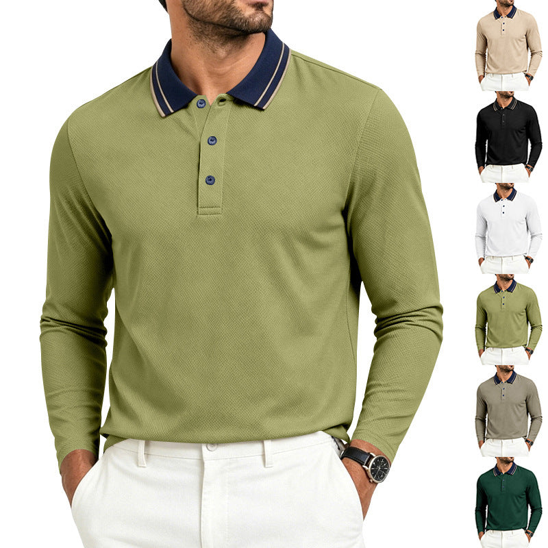 Polo homme à manches longues en piqué, avec col contrastant