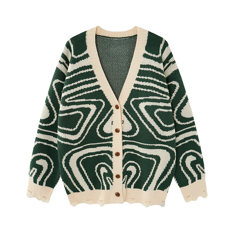 Unisex oversized cardigan i strik med abstrakt hvirvelmønster