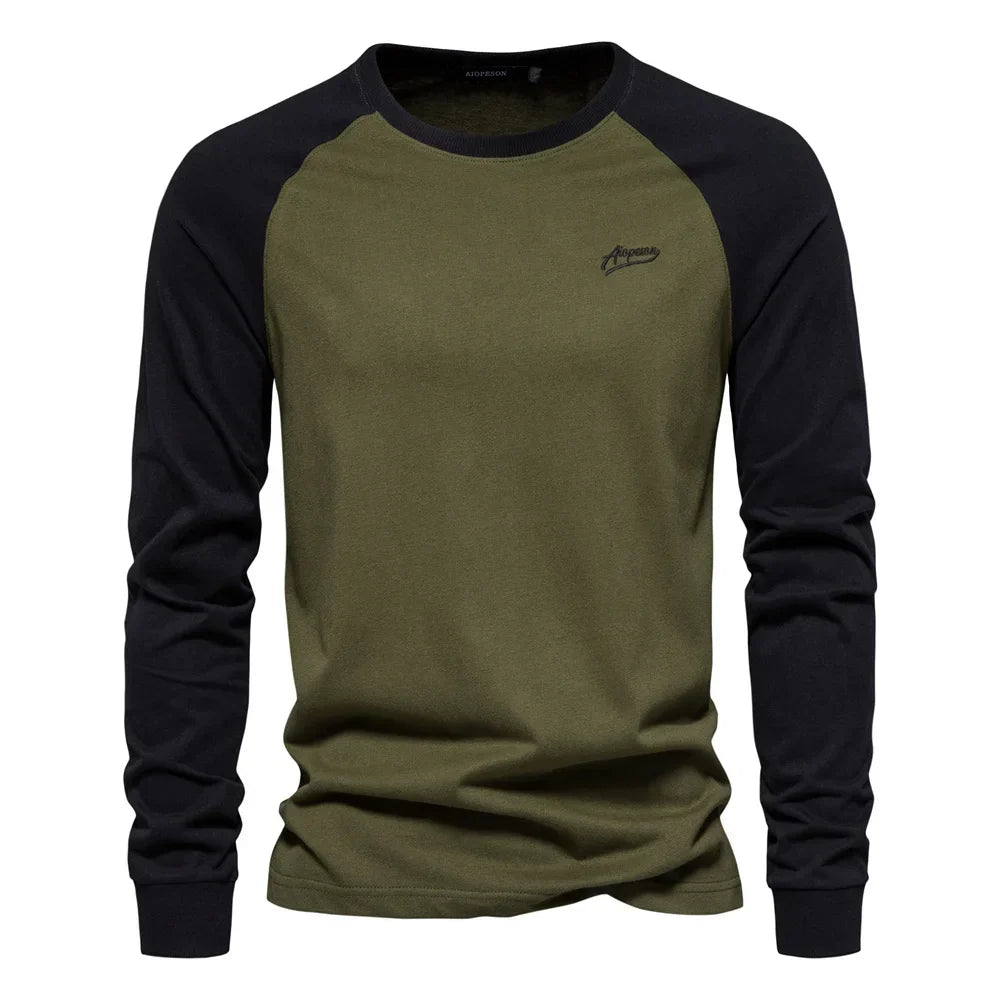 Gio Rota Men’s Long Sleeve Patchwork T-Shirt – Cotton O-Neck Casual Tee