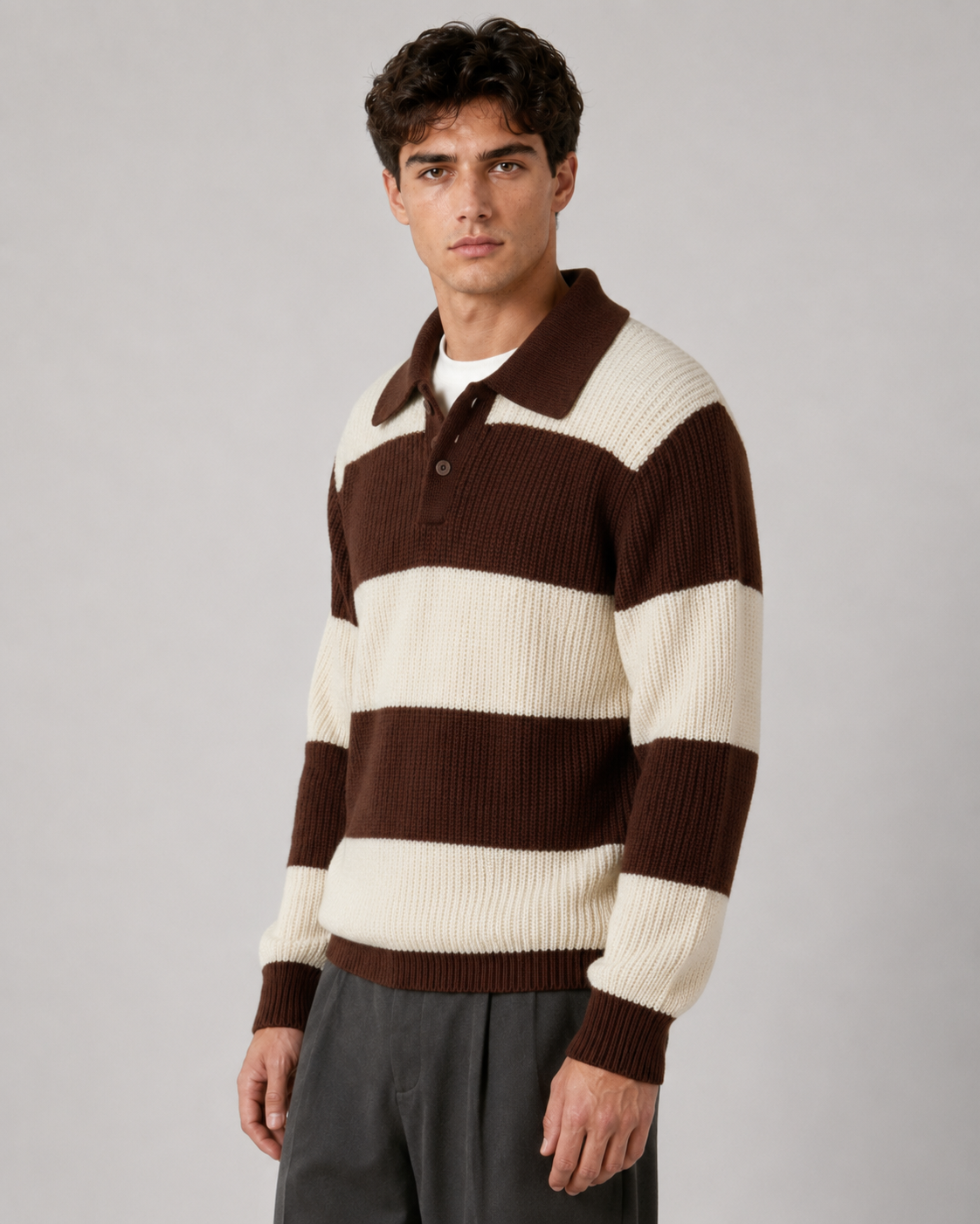 Camisola de malha canelada às riscas com gola polo para homem - castanho chocolate