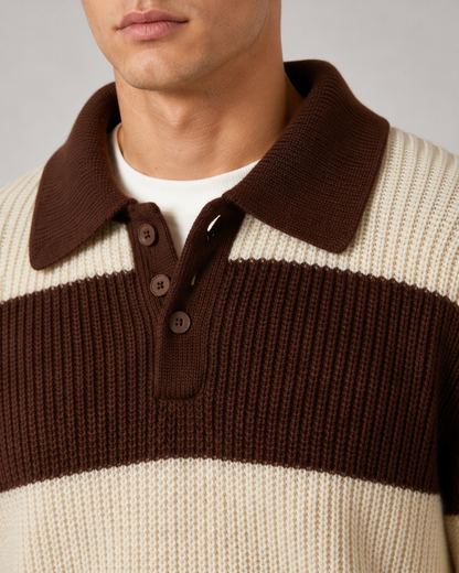 Camisola de malha canelada às riscas com gola polo para homem - castanho chocolate