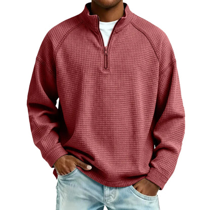 Men Waffle Knit Quarter Zip Pullover Loose Fit Casual Top