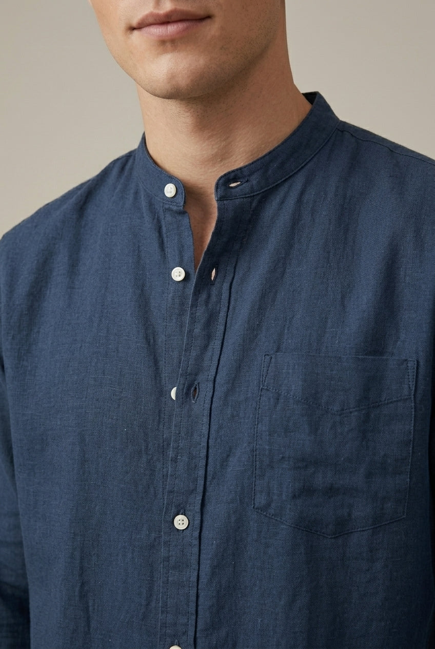 Men's Linen Blend Band Collar Long Sleeve Shirt