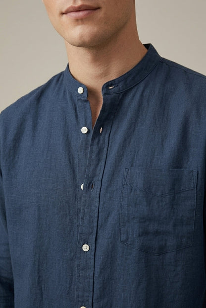 Men's Linen Blend Band Collar Long Sleeve Shirt