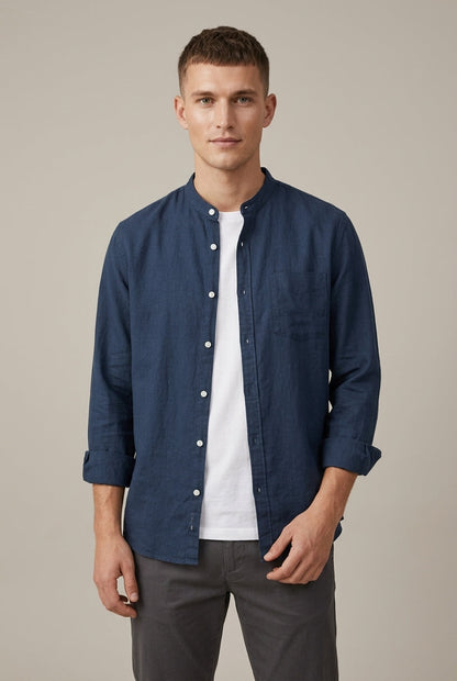 Men's Linen Blend Band Collar Long Sleeve Shirt
