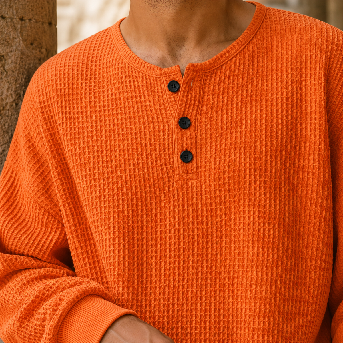 Waffle Knit Henley Sweater Relaxed Fit