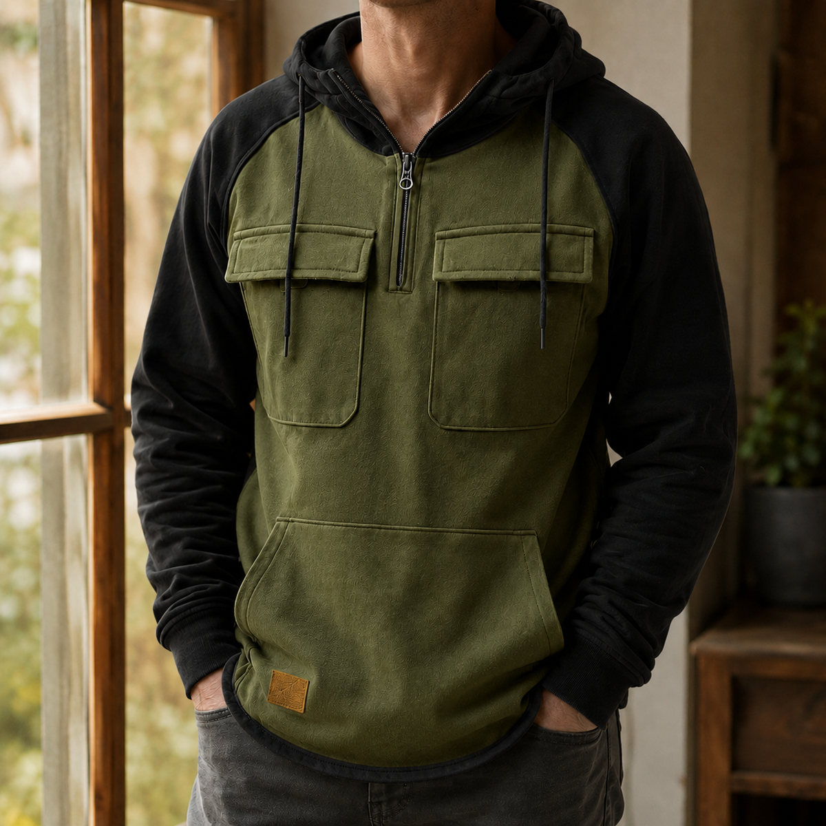 Grå hoodie i bomuldsblanding med praktiske detaljer