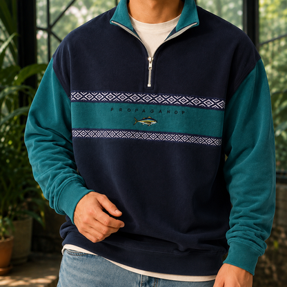 Quarter Zip Knit Sweater With Geometric Chest Bands