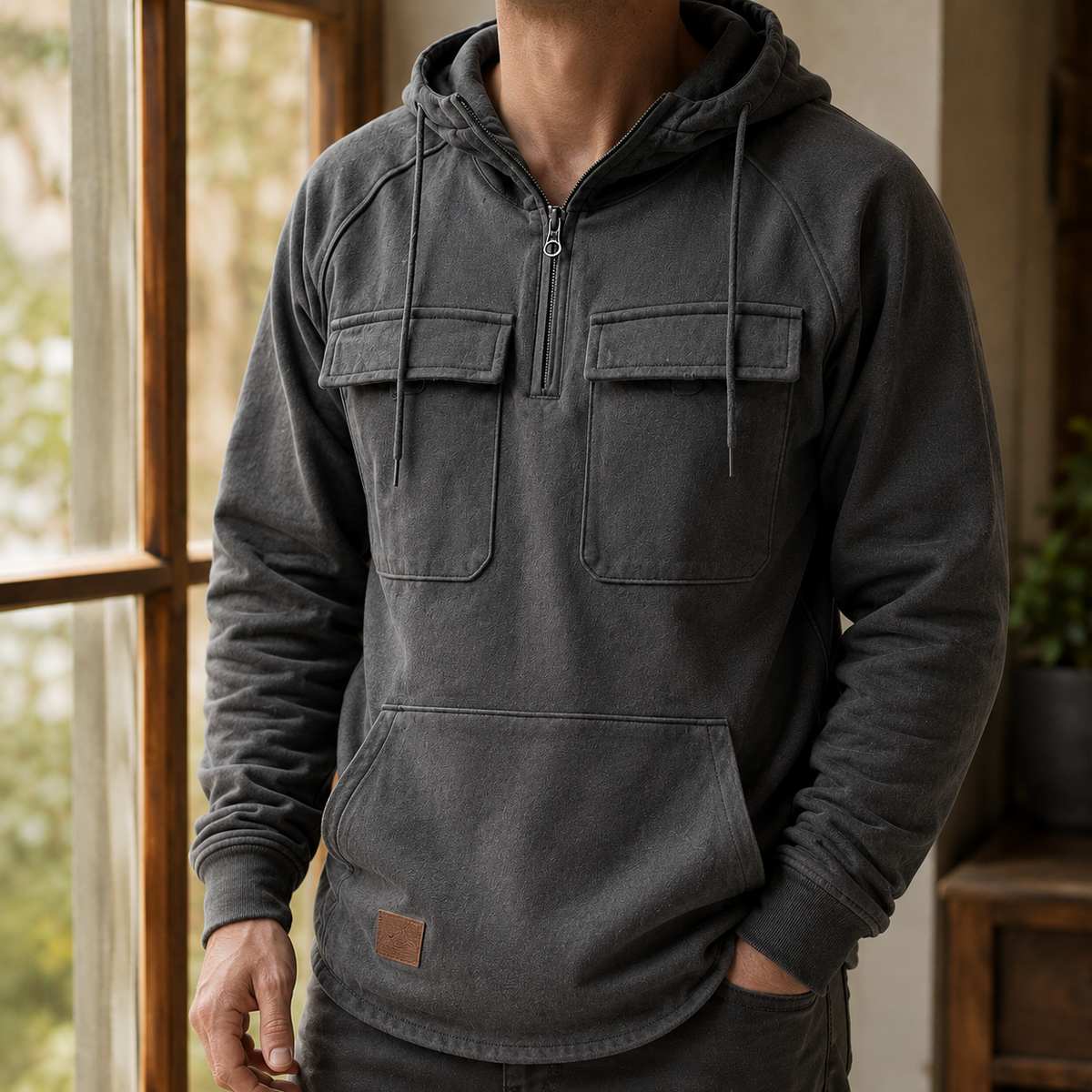 Grå hoodie i bomuldsblanding med praktiske detaljer