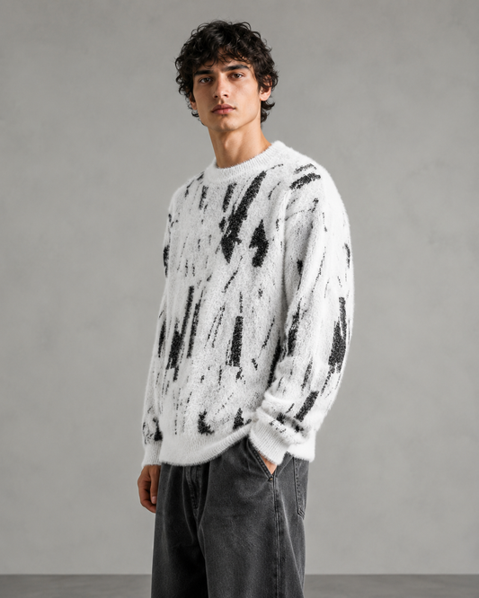Maglione da uomo in maglia con motivo astratto, effetto peloso e vestibilità comoda