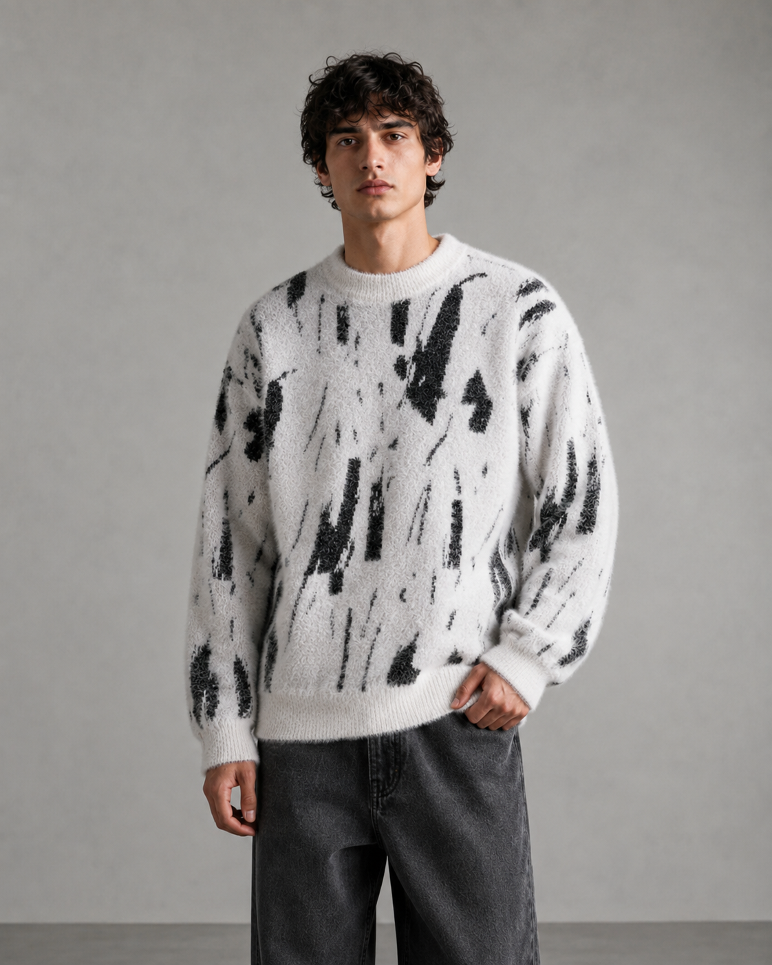 Maglione da uomo in maglia con motivo astratto, effetto peloso e vestibilità comoda