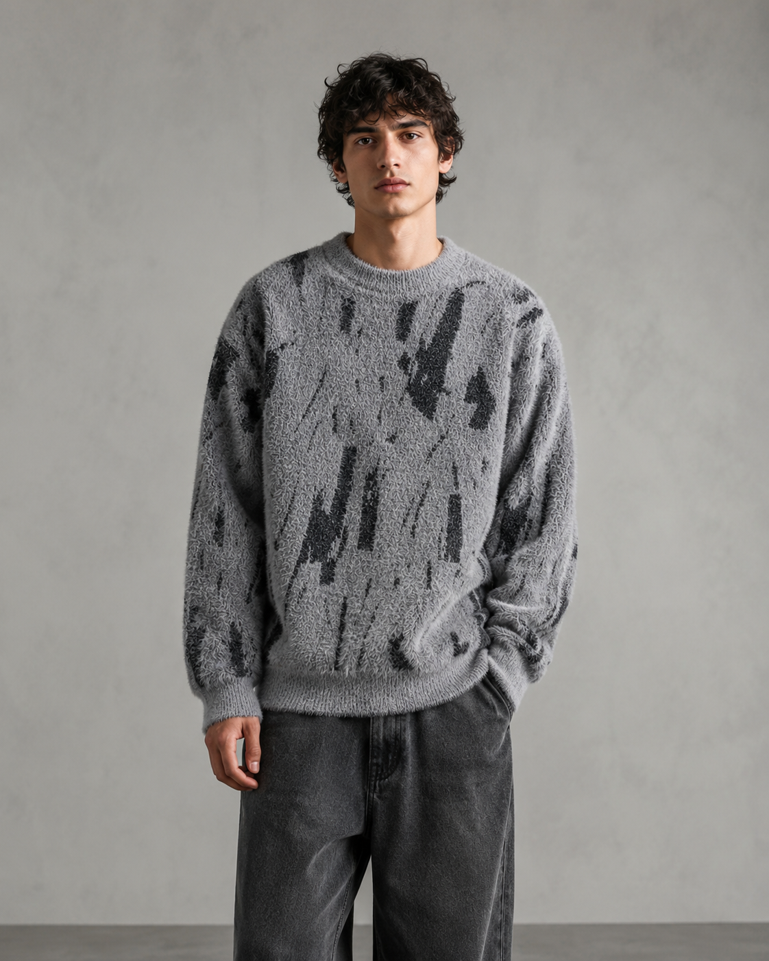 Maglione da uomo in maglia con motivo astratto, effetto peloso e vestibilità comoda