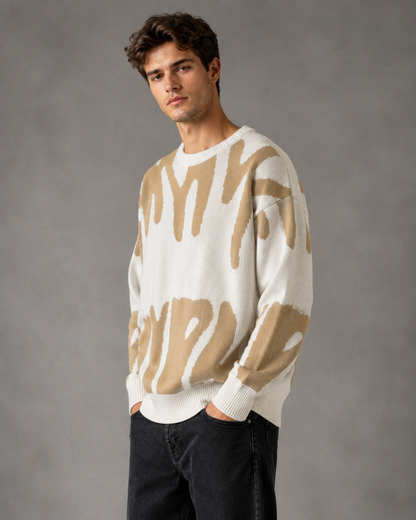 Maglione da uomo in maglia con motivo astratto e spalle scese