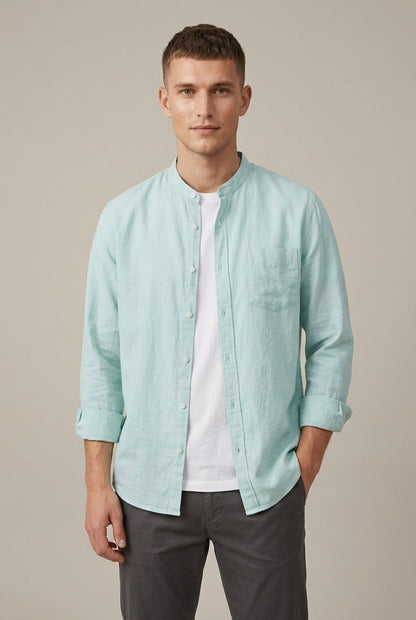 Men's Linen Blend Band Collar Long Sleeve Shirt
